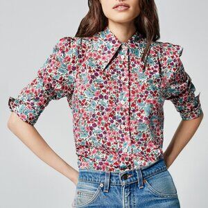 Smythe Floral Button-Front Puff-Sleeve Blouse in Red, Pink, Green